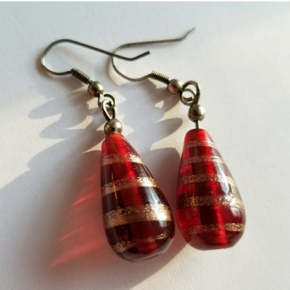 Red glass bead drop earrings red swirl dangly